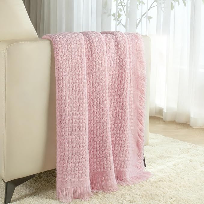 Exclusivo Mezcla Twin Size Knit Blanket with Fringes for Bed, Reversible Super Soft and Warm Woven Boho Throw for All Season, Home Decor, 60"x80", Light Pink