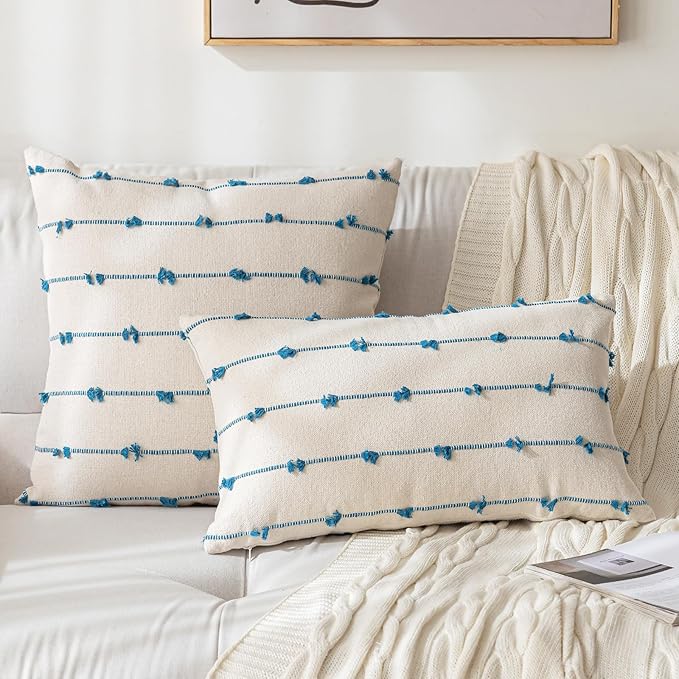 Boho Throw Pillow Covers 12x20 Set of 2 Modern Farmhouse Decorative Cushion Case Tufted Linen Square Pillows Cover Neutral Pillow Cases Accent Pillowcase for Sofa,Couch,Bed,Beige and Blue