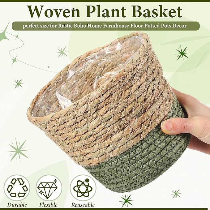 12 Pcs Seagrass Plant Basket with Plastic Liners Woven Stylish Planter Baskets Bulk Indoor Outdoor Plants Woven Wicker Baskets for Flower Pots Cover and Room Decor Small (Small,Farmhouse)