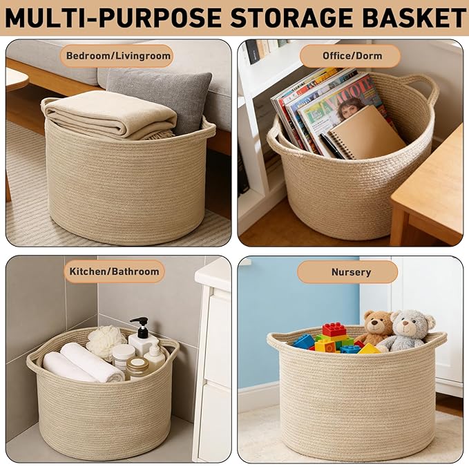 90L Large Blanket Basket,21.7"L x 21.7"W x 13.8"H Rope Woven Baskets with Handles, Toys Storage Bins,Laundry Basket Perfect for Living Room, Nursery,Bedroom,Home Organization,Camel