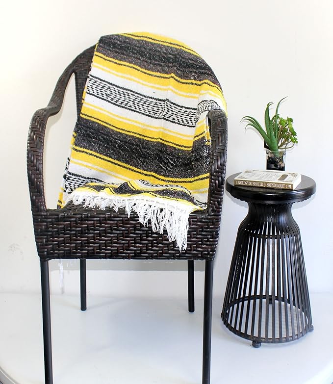 Del Mex Classic Mexican Blanket, Large Authentic Woven Falsa Throw (70"x50"), Artisan Southwest Décor for Beach, Yoga, Outdoors (Yellow)