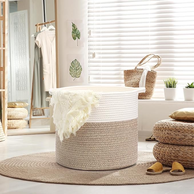 Laundry Hamper,Blanket Basket in Living Room Decor,Pure Cotton Rope Woven Basket for Dirty Clothes,Storage Basket for Nursery Bin,Baby Toy Storage,15.5 * 13.5 inches-40L White & Brown Mixed
