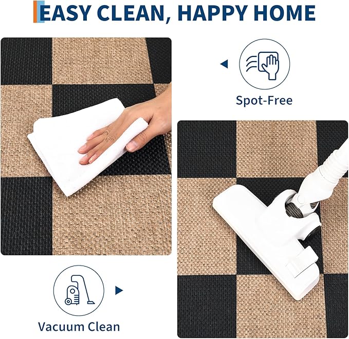 GarveeHome Easy Jute 8x10 Area Rugs for Living Room Checkered Rugs Machine Washable Non-Slip Backing Indoor Outdoor Carpets for Farmhouse Dining Room Nursery Patio Black Tan