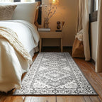 Lessymo 2 x 6 Runner Rug for Hallway, Machine Washable Entryway Rugs Boho Faux Wool Low Pile Long Rug for Bedroom, Floral Medallion Vintage Rugs with Non-Slip Rubber,Grey Beige