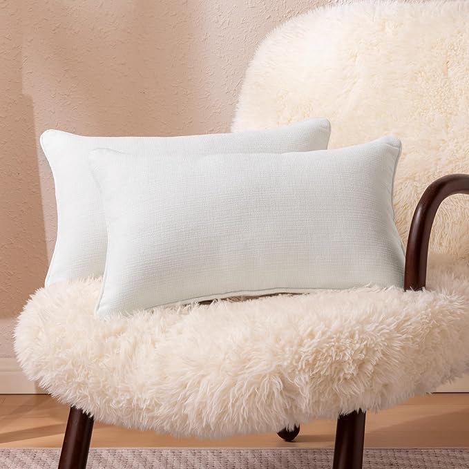 Amazon Basics Faux Linen Throw Pillow Covers with Hidden Zipper Closure, 12 × 20in, White, Pack of 2