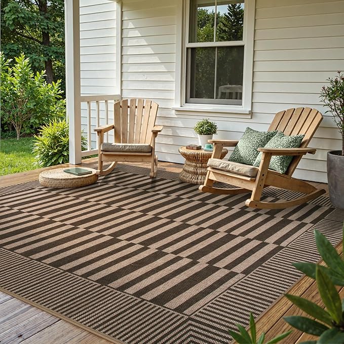 Beevia Striped 8x10 Neutral Jute Rug, Washable Modern Outdoor Rugs for Patio, Farmhouse Decor Non-Slip Large Carpet for Living Room Deck Backyard (Nature, 8x10ft)