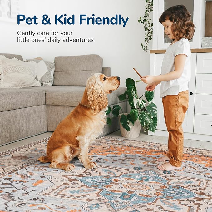 Lessymo 8 x 10 Area Rugs for Living Room, Machine Washable Area Rugs Boho Faux Wool Low Pile Area Rug for Bedroom Floral Medallion Vintage Rugs with Non-Slip Rubber, Kid & Pet Friendly, Orange Beige