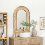 Arched Rattan Wall Mirror – 24x36 Inch Boho Elegance with Woven Frame, Decorative Mirror for Bathroom Vanity Entryway Living Room