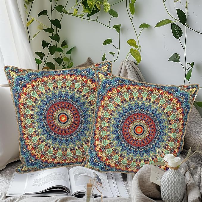 KSLIDS Boho Mandala Floral Soft Velvet Throw Pillow Covers Set of 2 Navy Blue Orange Flower Decorative Pillow Covers 16x16 Inch Abstract Retro Pillow Case for Sofa Couch Outdoor Modern Home Decor