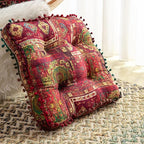 Square Bohemian Floor Pillow, Meditation Floor Seat Cushion, Large Soft Cotton Linen Pillows for Yoga Living Room Balcony Outdoor Tatami, 22x22 Inches (Redflower Square)