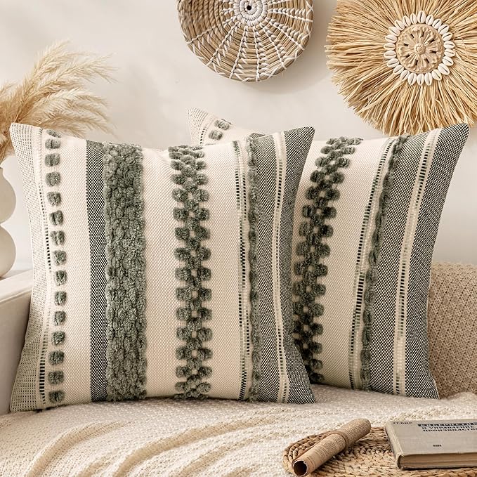 ANRODUO Pack of 2 Boho Decorative Throw Pillow Covers 18x18 Farmhouse Cushion Case Striped Chenille Pillow Cases Square Pillow Covers Accent Neutral Pillowcase for Sofa Couch Bed, Gray Stripe 2