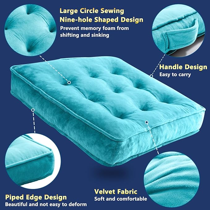 Floor Pillow Set of 2, Memory Foam Meditation Cushion, Floor Cushions for Adults Sitting, Large Square Seat Cushions for Yoga, Couch, Sofa, Kids, Living Room, 20x20 Inch (Blue)
