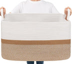 Goodpick Large Woven Blanket Basket 21.6" x 14.9" x 11.8" Storage Baskets for Organizing, Cotton Rope Basket for Home Decor Living Room Nursery, Toy Baskets Storage Kids, White & Camel Mix