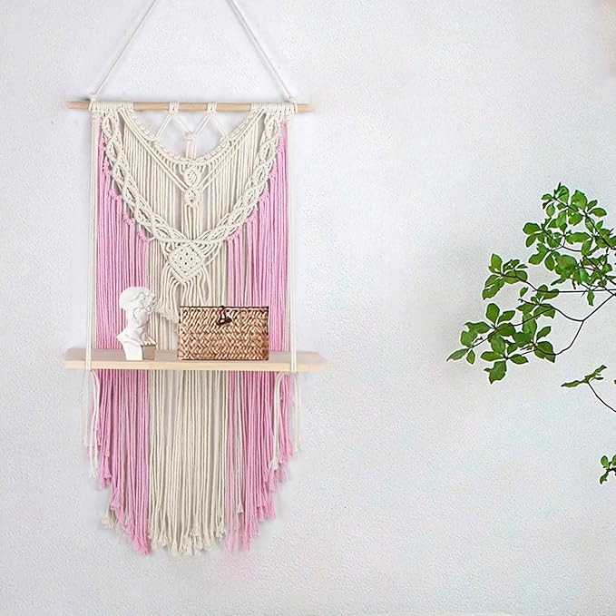 HVEST Pink Macrame Wall Hanging Shelf Boho Wall Decor Floating Storage Book Shelf Pink and Beige Handmade Woven Tapestry for Bedroom Living Room Dorm Nursery Bathroom Wall Art Macrame Plant Hanger