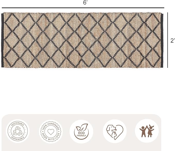 · REDEARTH · Jute Cotton Area Rug, Sustainable Handwoven, Non-Shedding, Soft & Durable – Reversible, Neutral Tones for Home Décor in Living Room, Dining, Bedroom (Sierra Loom Black, 2'x6'), Set of 2