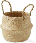 Casafield Seagrass Belly Storage Basket Planter with Handles - Small, Natural Woven Wicker Indoor Plant Pot Cover for Plants and Trees