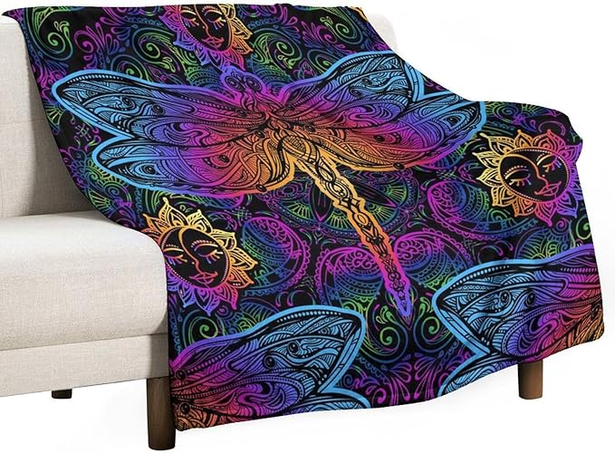 Mandala Boho Throw Blanket Colorful Dragonfly Sun Bohemian Blanket for Sofa Bed Couch Chair Or Dorm 70"x80"