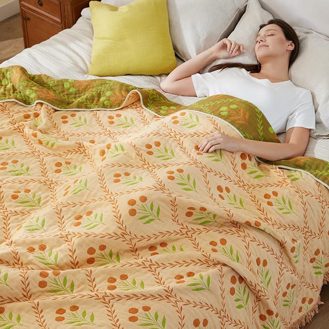 100% Cotton Boho Throw Blanket for Home Decor – Classic Farmhouse Quilt Bedding, Muslin Blankets for Adults, Vintage Woven Decorative Blanket for Couch, Bed Layering Use, Vintage Floral, 104"x90"