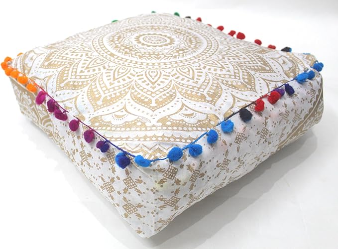 CRAFT KALA 24" Square Large Hippie Mandala Meditation Floor Ottoman Pillow Cushion Pouf Cover Square Poufs Bohemian Circle Floor Cushion Case Outdoor Fireplace Living Room Decor Cover Golden Ombre
