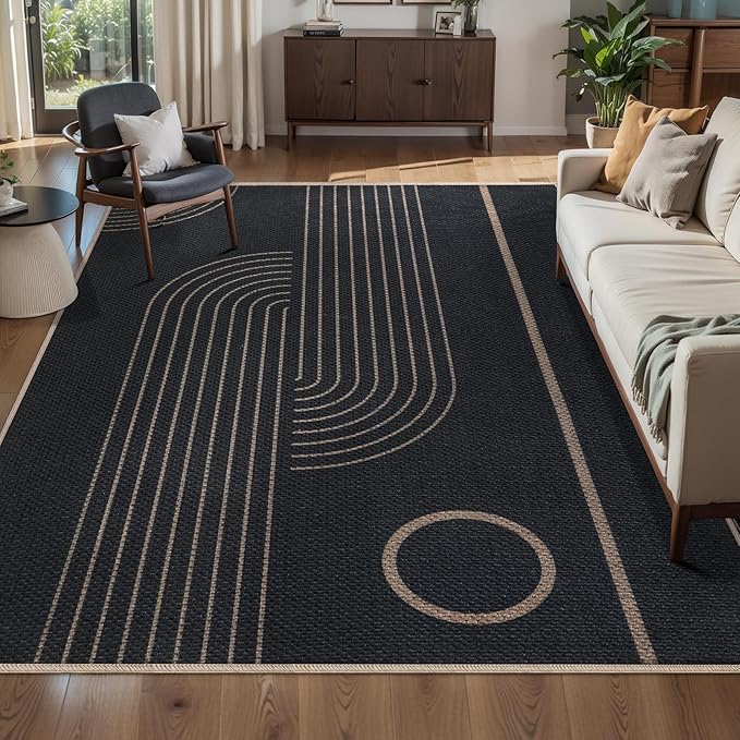Tangsoo Geometric Line 4x6 Easy Jute Rug for Indoor Patio,Washable Ultra Thin Area Rug Non-Slip Black Outdoor Mat,Boho Rainbow Front Door Throw Carpet for Living Room Entryway Bedroom Foyer