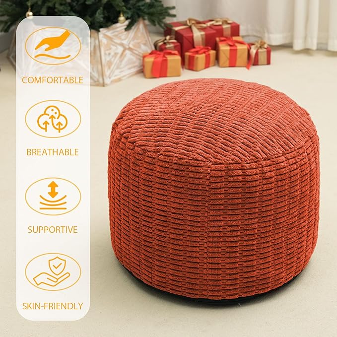 Round Stuffed Pouf Ottoman for Foot Rest, Storage Ottoman Pouf Foot Stool Cushion, Faux Fur Poufs with Foam Chunk Filling, 20 X 15 Inch Floor Chair for Living Room Bedroom Home Decor, Coral Orange
