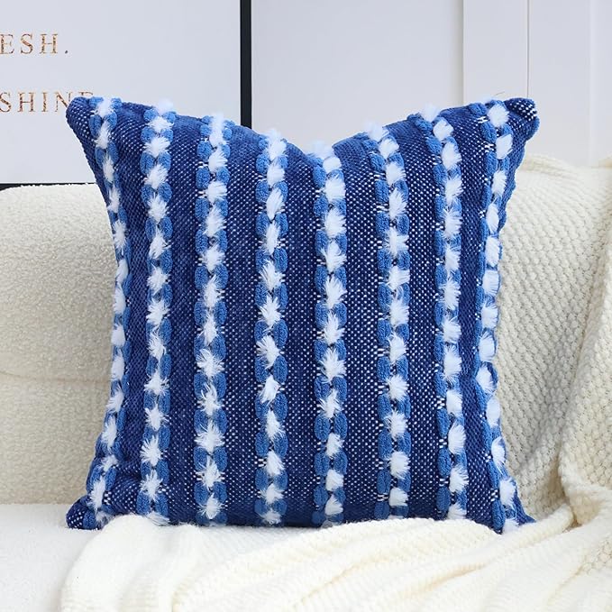 18x18 Boho Pillow Cover - Chenille Tufted Decorative Throw Pillow Cover Soft Velvet Backing, Farmhouse Striped Square Accent Pillow Case for Sofa, Couch, Bedroom, Living Room, Blue, White