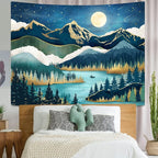 Accnicc Mountain Tapestry Nature Forest Tree Tapestries for Bedroom Aesthetic Starry Night Moon Stars Tapestrys Wall Hanging Teal Abstract Wall Tapestry for Dorm Living Room (Teal, 80'' × 60'')