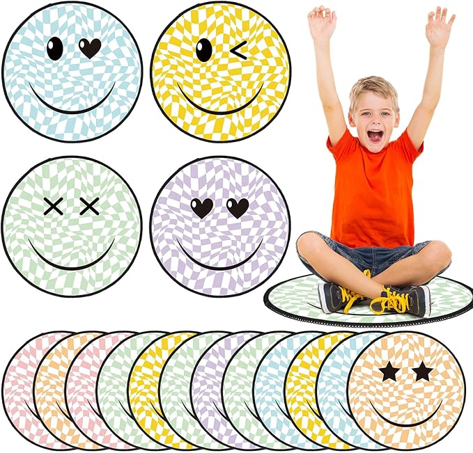 Tinideya 12 Pcs Kids Carpet Circle Seats for Class 16 Inch Round Classroom Rug Floor Cushions Soft First Day of School Educational Mat Non Slip Back to School Learning Playing Areas(Smile)