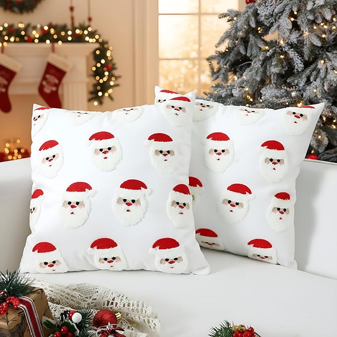 2 Pcs Christmas Tufted Throw Pillow Covers 18 x 18 Inch Cute Santa Claus Soft Dutch Velvet Pillowcase Xmas Red White Square 3D Embroidery Cushion Cover Winter Holiday Decor for Sofa Couch Bed