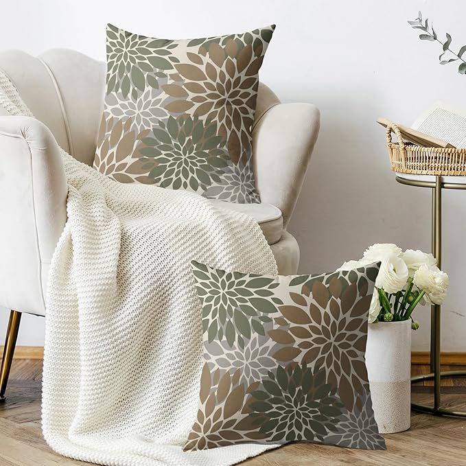 Brown Green Pillow Covers 18X18 Inch Set of 2, Spring Summer Floral Dahlia Flower Cream Decorative Throw Pillow Covers Outdoor Modern Farmhouse Cushion Case for Home Couch Sofa Bed Decor