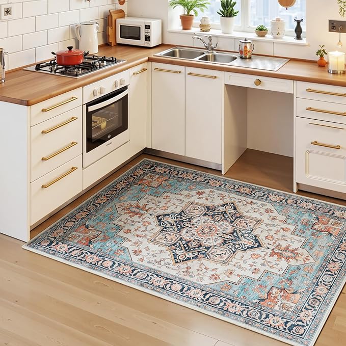Lessymo 3x5 Washable Area Rugs for Living Room Bedroom Ktichen, Soft Boho Indoor Rug Non Slip, Vintage Carpet Low Pile for Dorm Office Dining Room Kids Room Hallway Entryway Bedside, Orange/Blue