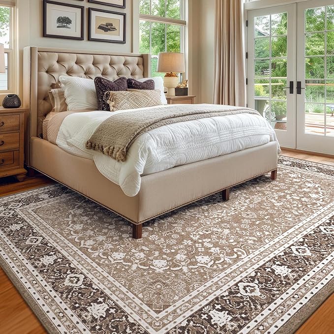 Lessymo 9 x 12 Area Rugs for Living Room, Machine Washable Area Rugs Boho Faux Wool Low Pile Area Rug for Bedroom, Floral Medallion Vintage Rugs with Non-Slip Rubber, Kid & Pet Friendly, Brown White