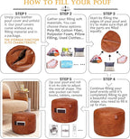 Thgonwid Unstuffed Faux Leather Pouf Cover Handle, Footstool Ottoman Storage Solution, Floor Footrest Cushion, 16.5”Dx12”H, No Filler, (Pocket-Handle) Amaretto