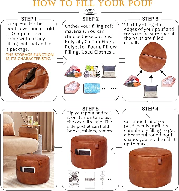 Thgonwid Unstuffed Faux Leather Pouf Cover Handle, Footstool Ottoman Storage Solution, Floor Footrest Cushion, 16.5”Dx12”H, No Filler, (Pocket-Handle) Amaretto