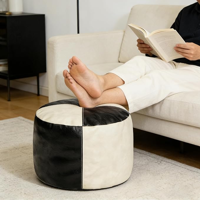 Thgonwid Unstuffed Faux Leather Pouf Cover, Handmade Footstool Ottoman Storage Solution, Floor Footrest Cushion - 16.5”Dx12”H, Black & White