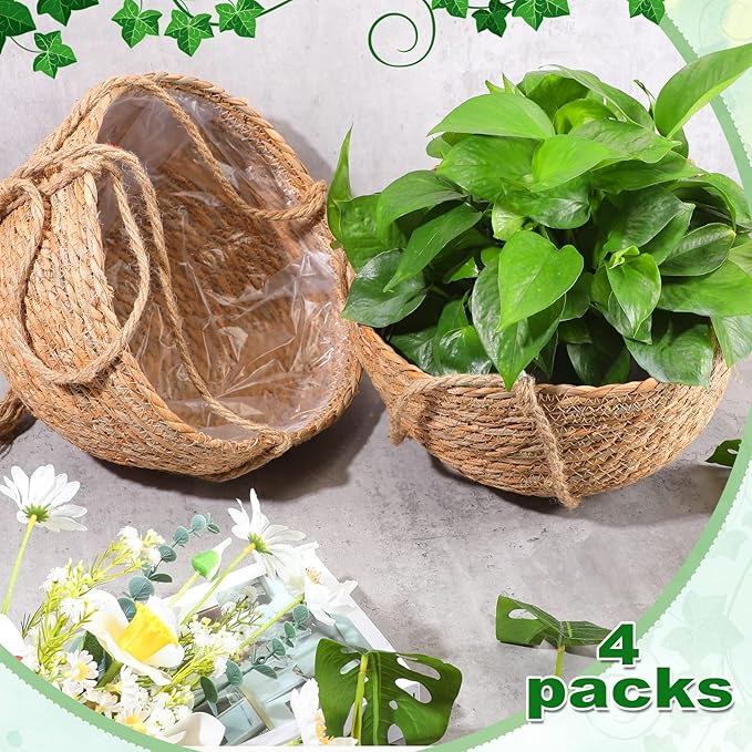 4 Pieces Hanging Planter Basket Set Jute Rope Plant Hangers Hand Woven Storage Flower Pot with Waterproof Plastic Liner Indoor Boho Hanging Plant for Home Office Yard Decor, 12.2 (D) 7.9 (H) Inch