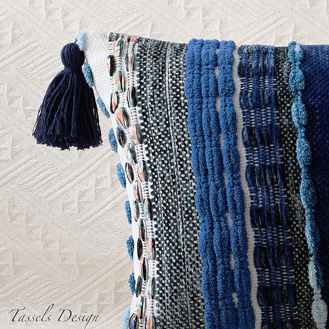 Kevin Textile 14x36 Inch Long Lumbar Pillow Cover 1 Pack Boho Decorative Rectangle Cushion Case Throw Soft Chenille Thread Woven Tufted Textured Farmhouse Accent for Living Room Couch Sofa Bed, Blue