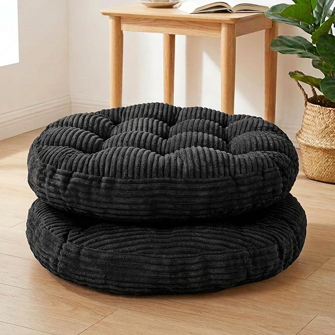 Large Floor Pillow for Adults, 22x22" Memory Foam Floor Cushion with Corduroy Cover, Square Floor Sitting Cushions for Meditation, Lounge,Seating for Yoga, Tatami Living Room (2, Round-Black)