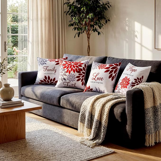 Tatuo 4 Pcs Flower Pillow Covers Square Spring Pillow Cushion Cases 18 x 18 Inch Family Faith Hope Love Words Decorative Summer Winter Cushion Case for Bed Couch Sofa Living Room(Red Series)