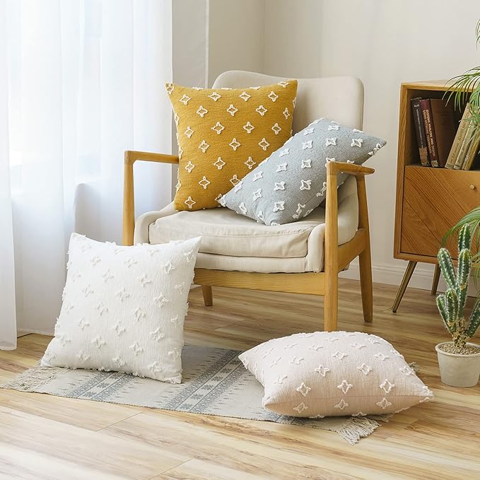 ANRODUO Pack of 2 Beige Floral Boho Decorative Throw Pillow Covers with Tufted Rhombic Jacquard for Room Decor Boho Pillow Covers Decorations 18x18 Soft Pillowcase for Couch Sofa Bed and Living Room