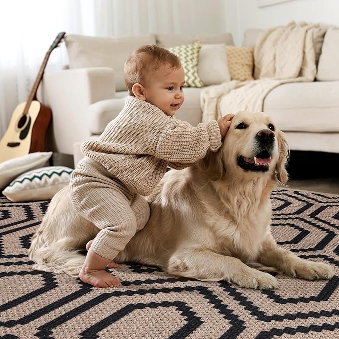 Tangsoo Easy Jute Rug 3x5 for Entryway,Geometric Non-Slip Washable Indoor Outdoor Door Carpet,Farmhouse Ultra Thin Small Throw Mat for Kitchen Bedroom Front Door Patio Blacony