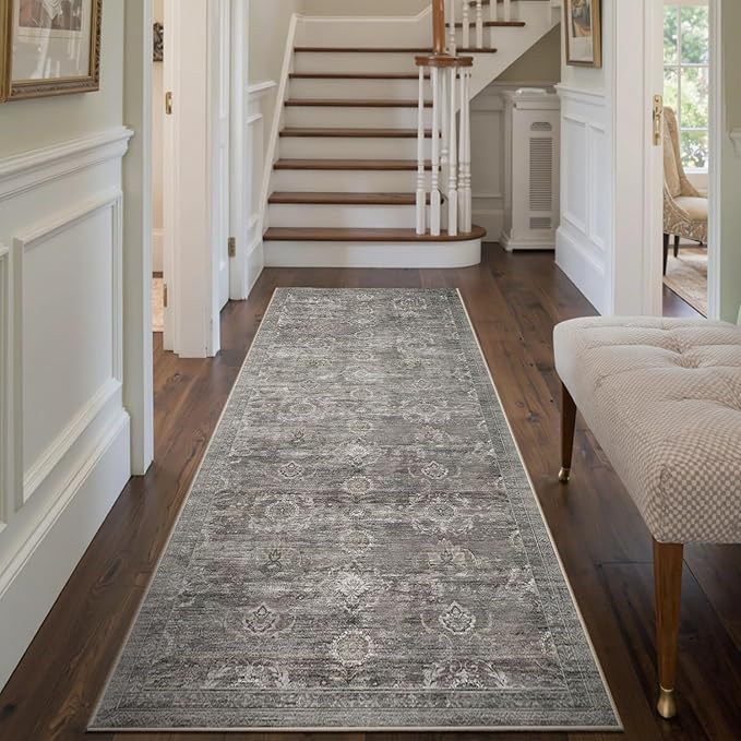2x6 Runner Rug, Washable Kitchen Rugs, Grey Boho Vintage Floral Hallway Runner, Non Slip Low Pile Area Rug Carpet for Indoor Hallway, Kitchen, Laundry Room and Bathroom(Taupe/Grey 2x6ft)