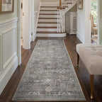 2x6 Runner Rug, Washable Kitchen Rugs, Grey Boho Vintage Floral Hallway Runner, Non Slip Low Pile Area Rug Carpet for Indoor Hallway, Kitchen, Laundry Room and Bathroom(Taupe/Grey 2x6ft)