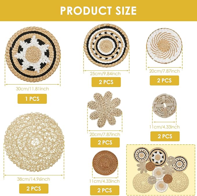 13 Pack Boho Wall Basket Decor Set, Hanging Woven Seagrass Rattan Wicker Boho Wall Decor, Round Farmhouse Wall Hanging Baskets Rustic Flat Wall Art for Living Room Bedroom Kitchen (Style 10)