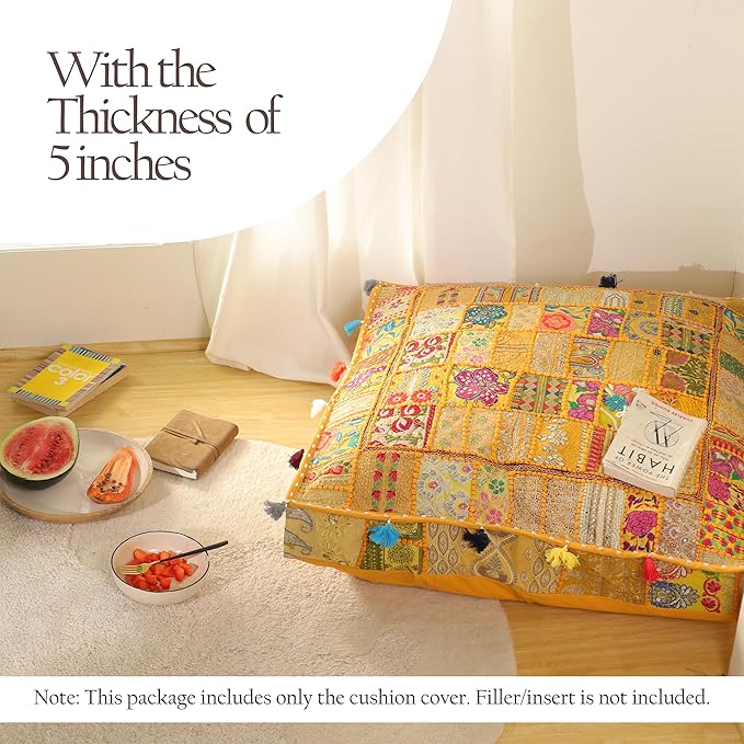 THE ART BOX Cotton Patchwork Vintage Boho Embroidered Floor Pillows & Cushion Cover Dog Pouf Seating Pouf Meditation Pillow Pet Bedding Cat Bed Boho Home Décor (35x35 Inches, Cover Only)