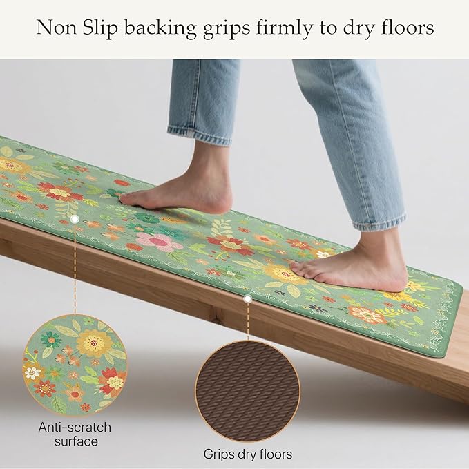 GENIMO Kitchen Mats for Floor 2PCS, Cushioned Kitchen Rugs Non Slip Washable, Farmhouse Anti Fatigue Mat Waterproof, Comfort Standing Mat Rug for Office, Home, Laundry, 17.3"x47"+17.3"x30", LightGreen