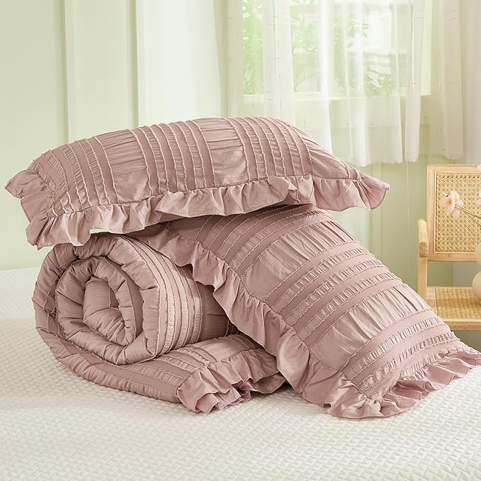 WONGS BEDDING Pink Comforter Set King,3 Pieces Ruffle Farmhouse Shabby Chic Boho Comforter for King Bed,Soft Textured Bedding Set with 1 Ruffle Comforter,2 Tufted Pillowcases 104"×90"