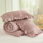 WONGS BEDDING Pink Comforter Set King,3 Pieces Ruffle Farmhouse Shabby Chic Boho Comforter for King Bed,Soft Textured Bedding Set with 1 Ruffle Comforter,2 Tufted Pillowcases 104"×90"