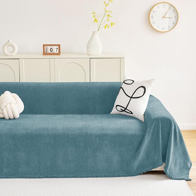 hyha Couch Cover for Dogs, Boho Sofa Covers for 3 Cushion Couch Washable, Chenille Sofa Slipcover for Pets, Soft Loveseat Sectional Couch Throw Blankets with Tassels (Blue, 71x118 Inch)