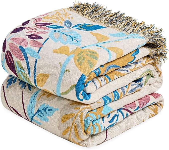 Boho Throw Blanket for Bed Cotton Spring Blankets Twin Size for Bedroom Living Room All Season Lightweight Floral Embroidery Decorative Breathable Quilt for Couch Sofa Chair 60"x80"